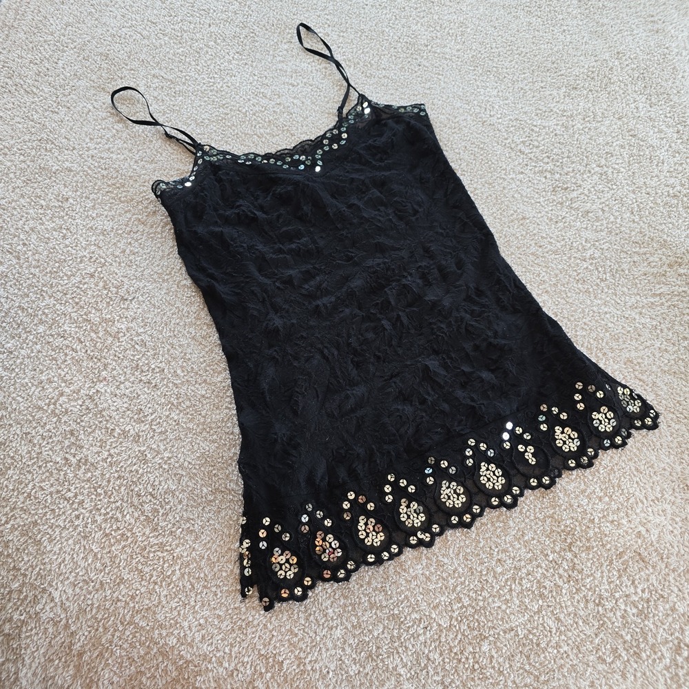 Wet Seal Y2K Black Textured Camisole Top Sequin Lace Trim Fairy Whimsigoth Sz S